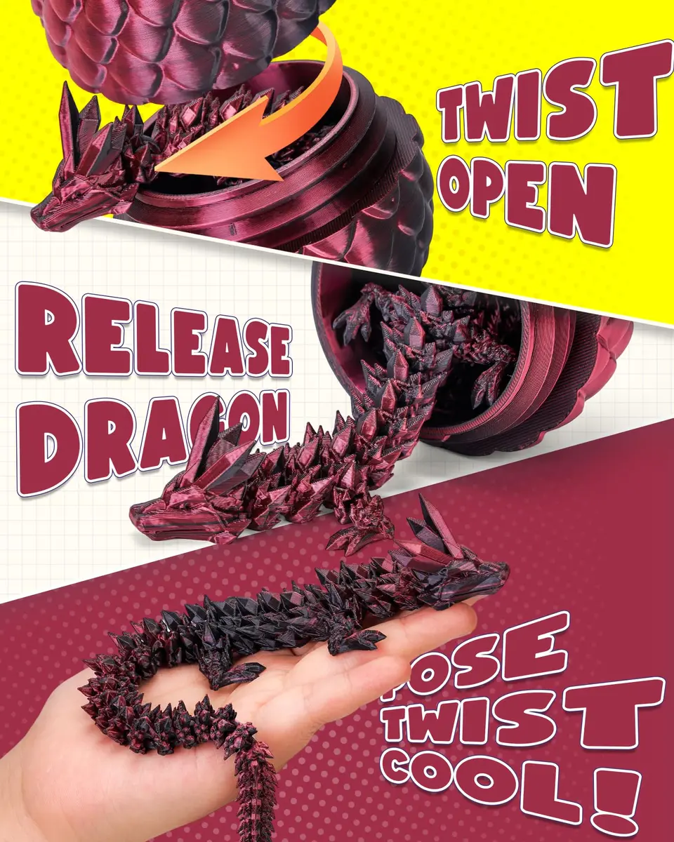 TBOLINE 3D Printed Dragon Egg with Articulated Crystal Dragon Toy, Shadow Crimson, 9.3 cm (2.2 in) | Officially Licensed by Cinderwing3D - view 3