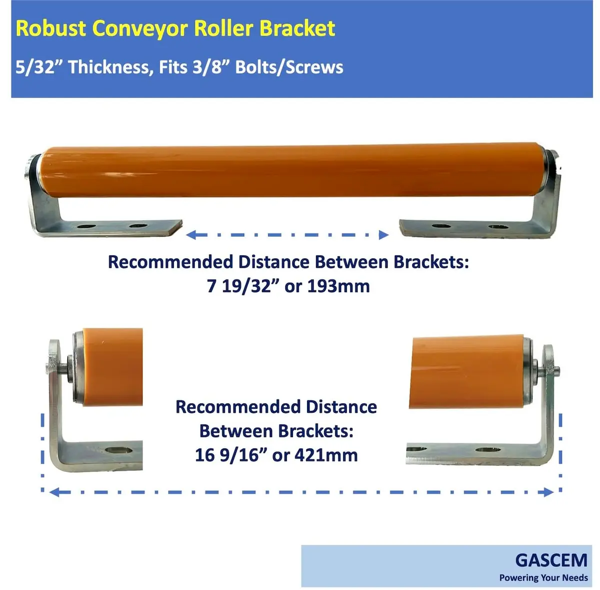 Gascem Polyurethane Coated Long Roller with Bracket Set | 16" Length, 1.5" Diameter Conveyor | Galvanized Steel | Pack of 2 - view 4