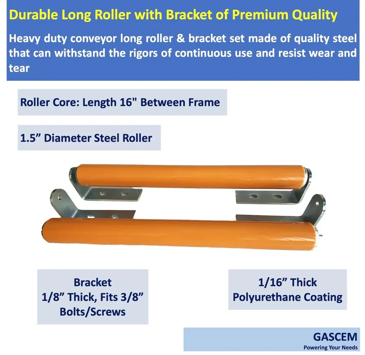 Gascem Polyurethane Coated Long Roller with Bracket Set | 16" Length, 1.5" Diameter Conveyor | Galvanized Steel | Pack of 2 - view 2