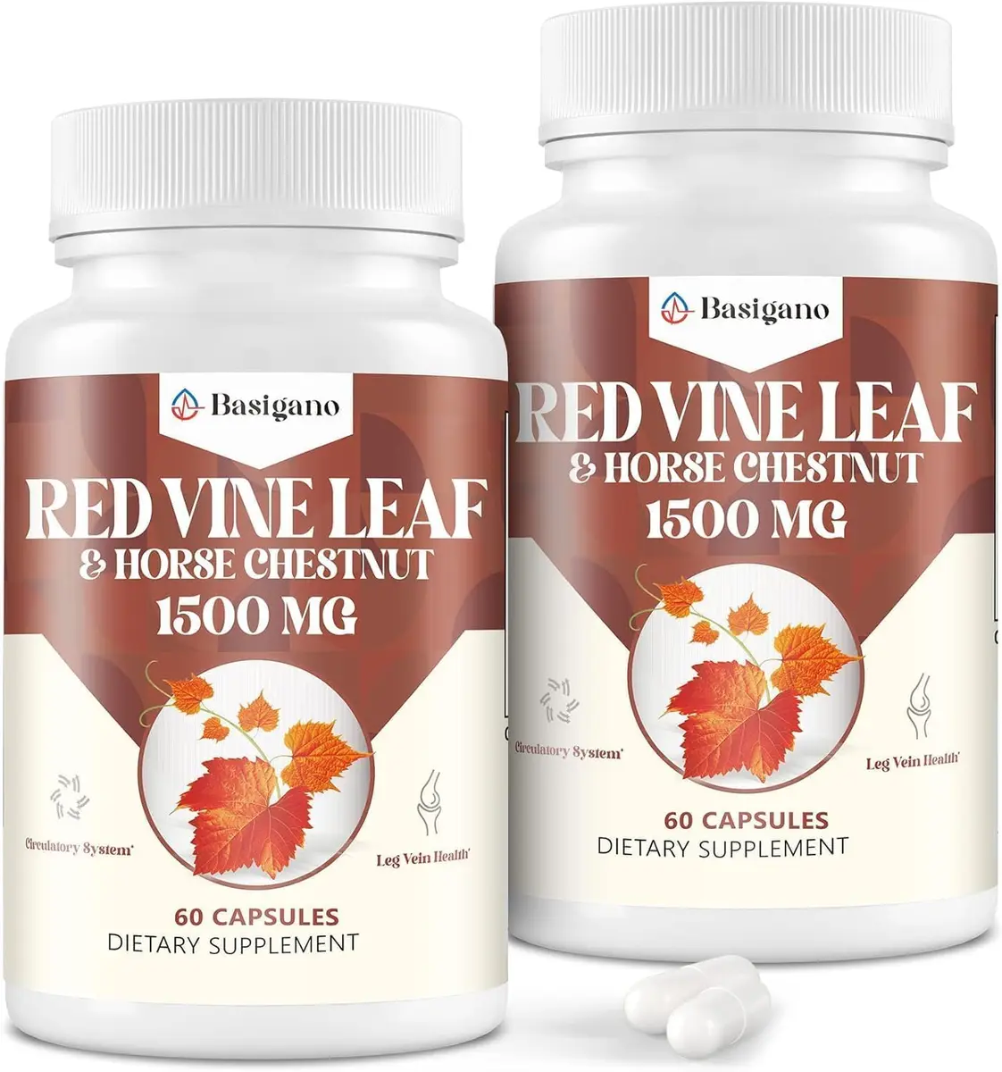 Basigano Red Vine Leaf & Horse Chestnut Extract Capsules 1500mg | Vegan & Natural for Vein & Leg Health - main product image