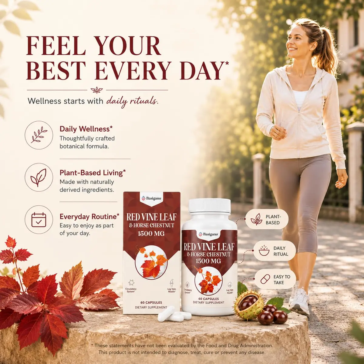 Basigano Red Vine Leaf & Horse Chestnut Extract Capsules 1500mg | Vegan & Natural for Vein & Leg Health - view 5