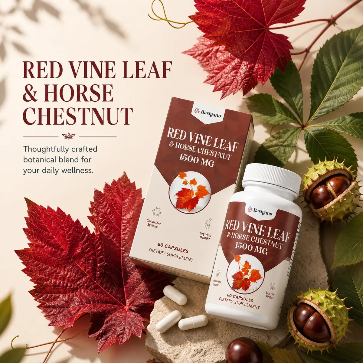Basigano Red Vine Leaf & Horse Chestnut Extract Capsules 1500mg | Vegan & Natural for Vein & Leg Health - view 6