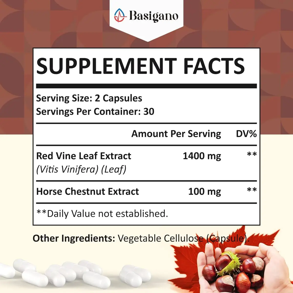 Basigano Red Vine Leaf & Horse Chestnut Extract Capsules 1500mg | Vegan & Natural for Vein & Leg Health - view 2