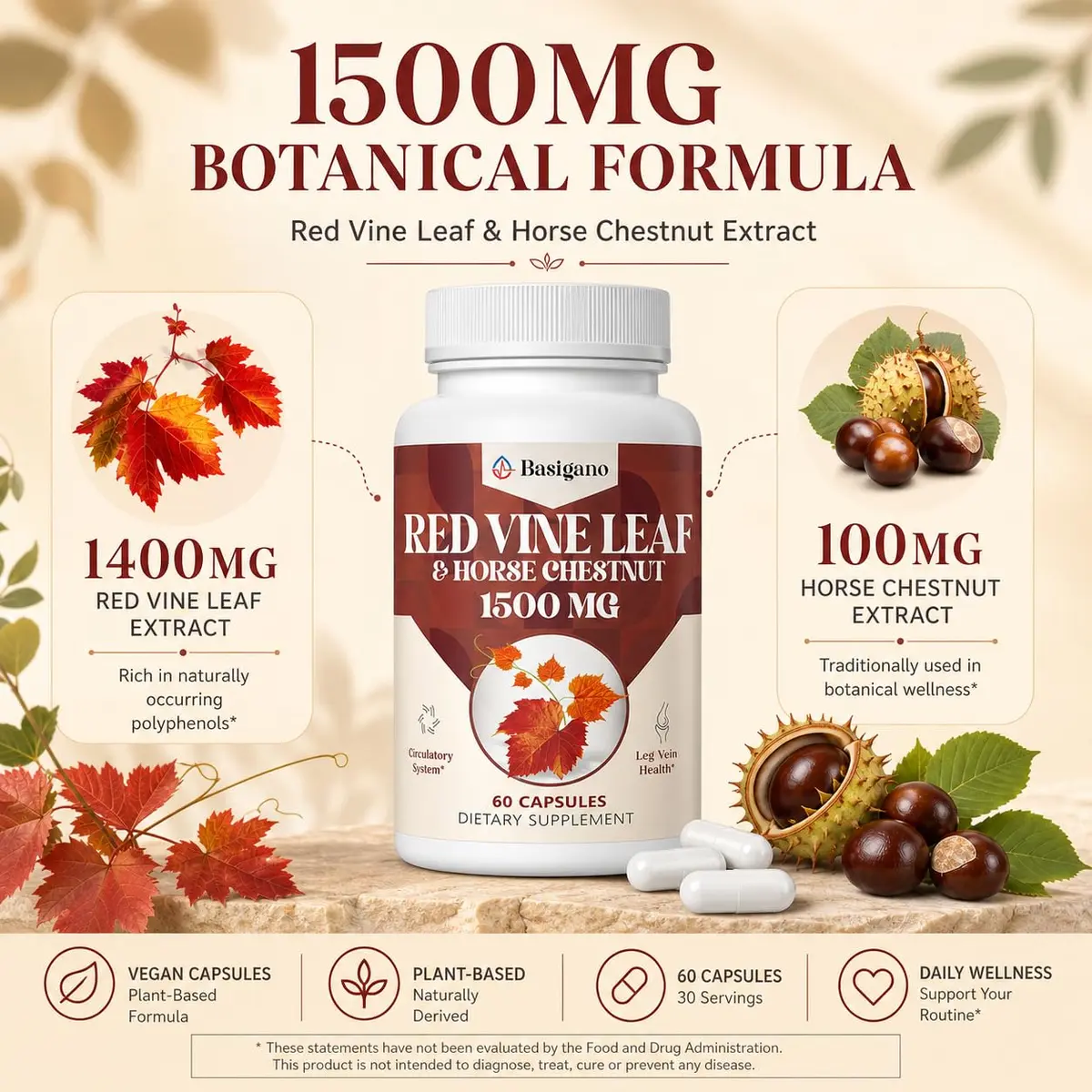 Basigano Red Vine Leaf & Horse Chestnut Extract Capsules 1500mg | Vegan & Natural for Vein & Leg Health - view 3