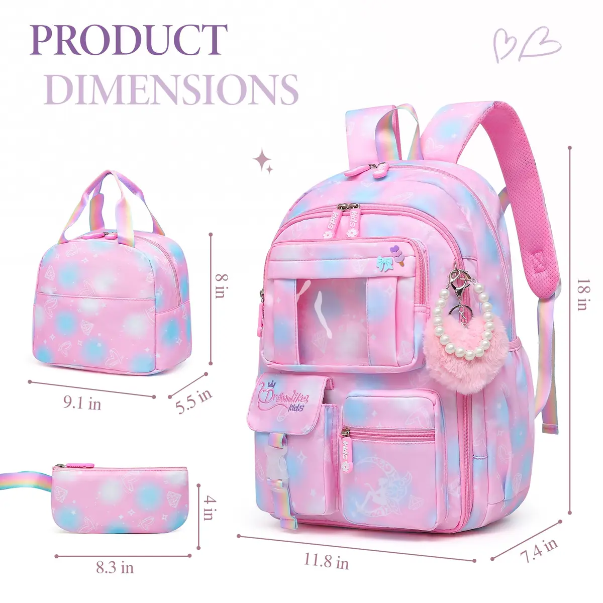 Alrisg Girls Backpack Set with Lunch Bag & Pencil Case | 17 inch (43 cm) 3-Piece School Bookbag for Elementary & Middle School - view 7