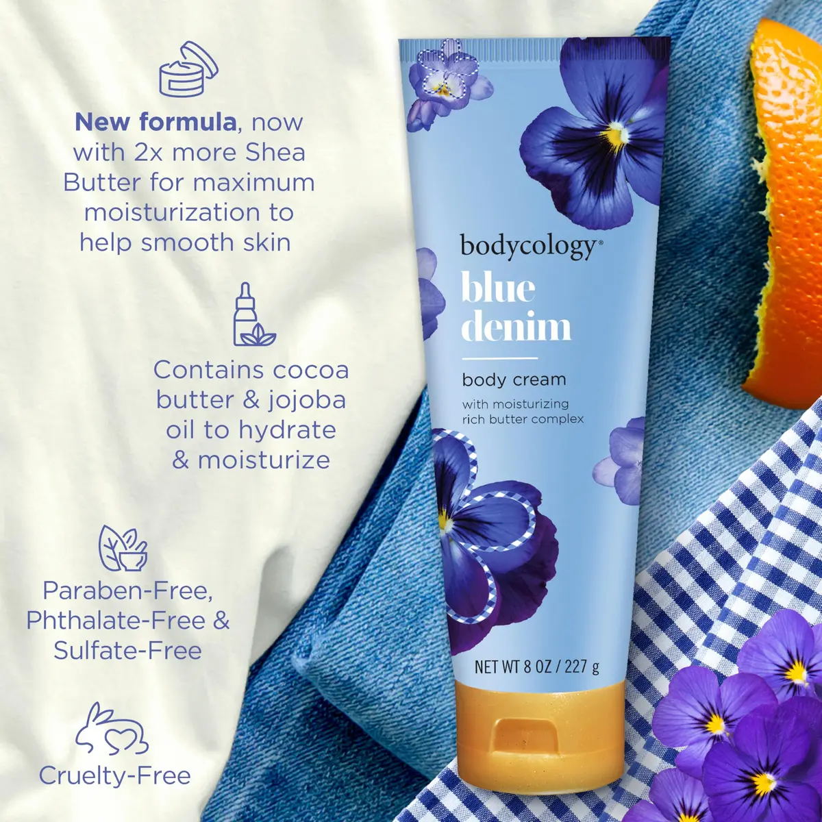 Bodycology Shea Butter Body Cream, Blue Denim, 8 oz | Ultra-Hydrating, Non-Greasy, Paraben-Free - view 4