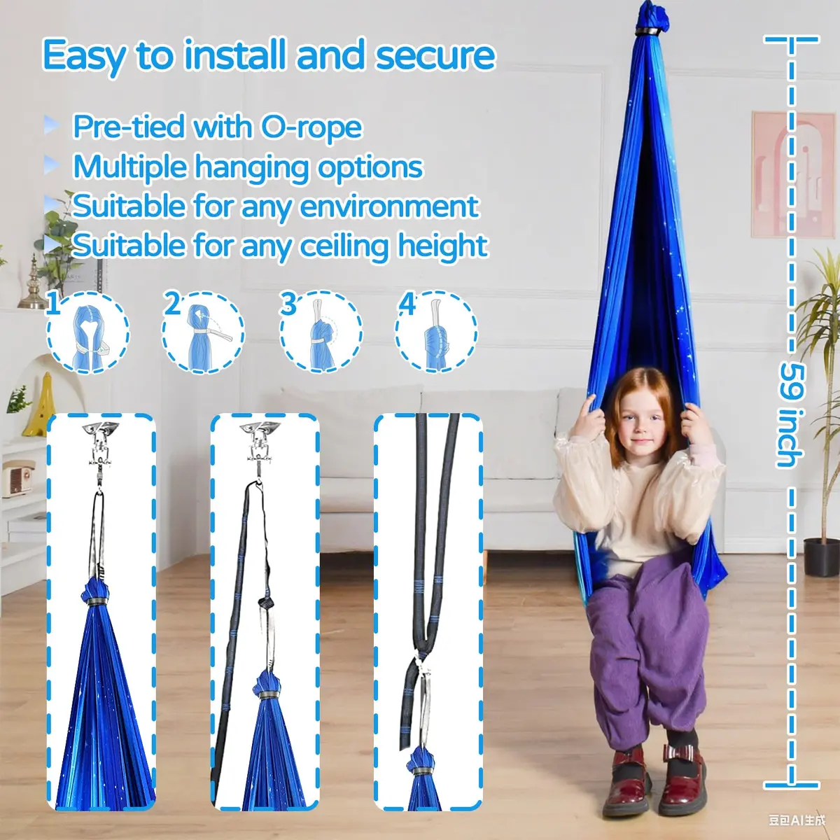 Heyfriday Sensory Swing for Kids & Adults | Indoor & Outdoor Therapy Cuddle Holds 300lbs Adjustable Swing Hammock Chair with 360° Swivel Kit - view 5