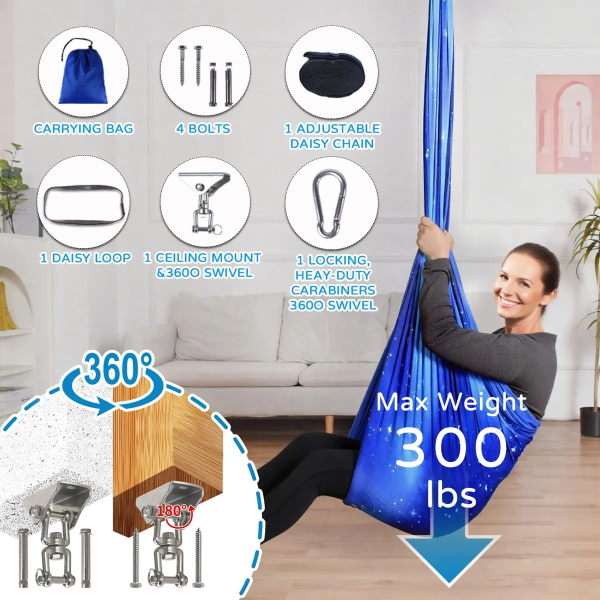 Heyfriday Sensory Swing for Kids & Adults | Indoor & Outdoor Therapy Cuddle Holds 300lbs Adjustable Swing Hammock Chair with 360° Swivel Kit - view 6