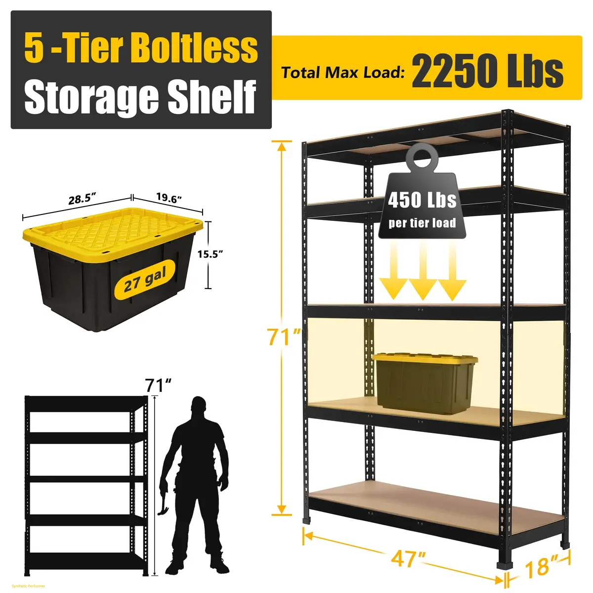 PrimeZone Garage Storage Shelves 47"W x 18"D x 72"H | Heavy Duty 5-Tier Metal Shelving - view 3