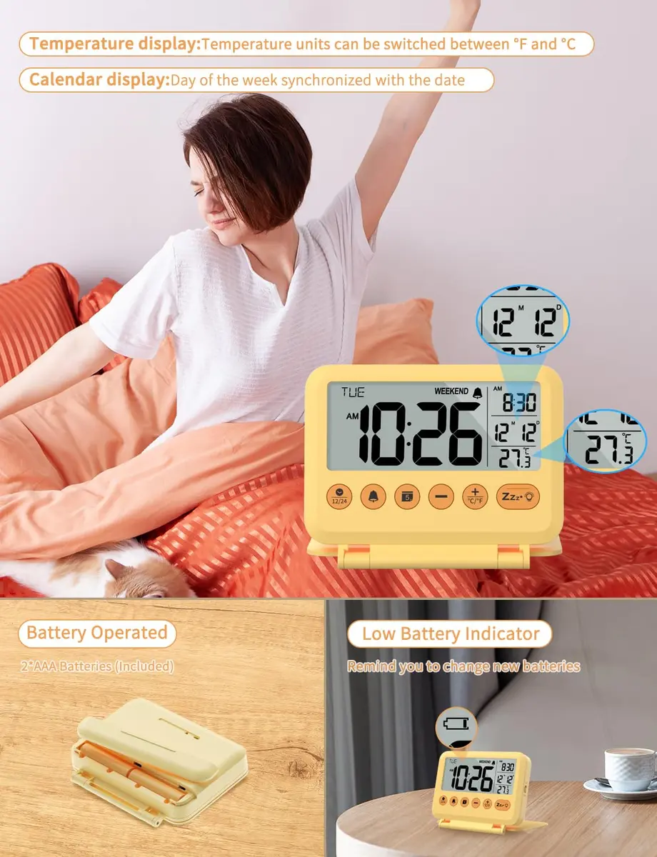 MeesMeek Yellow Digital Travel Alarm Clock 10.2cm (4 inch) | Battery Operated with Snooze & Backlight - view 5