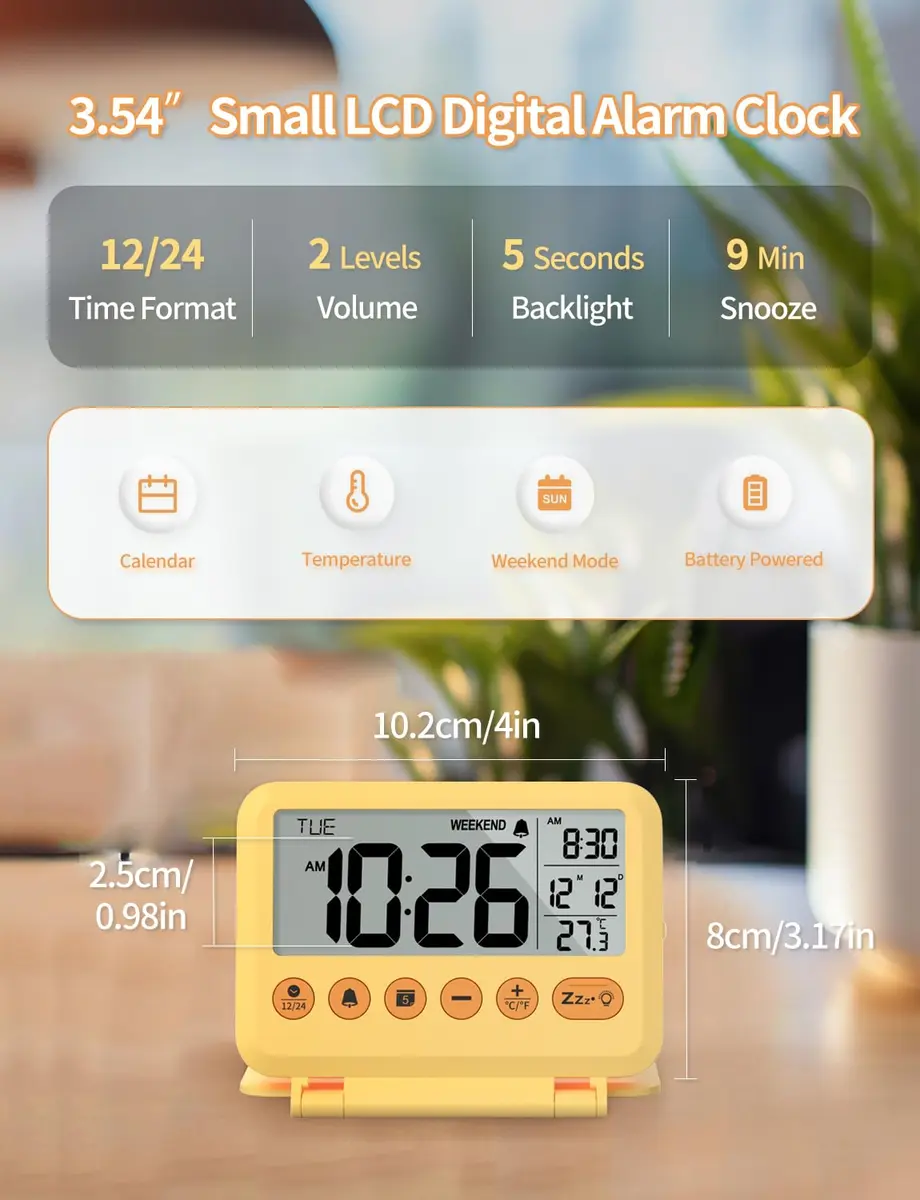 MeesMeek Yellow Digital Travel Alarm Clock 10.2cm (4 inch) | Battery Operated with Snooze & Backlight - view 2