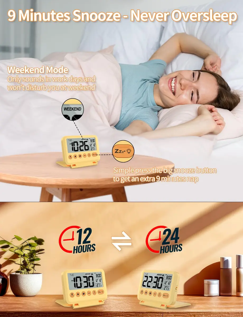 MeesMeek Yellow Digital Travel Alarm Clock 10.2cm (4 inch) | Battery Operated with Snooze & Backlight - view 3