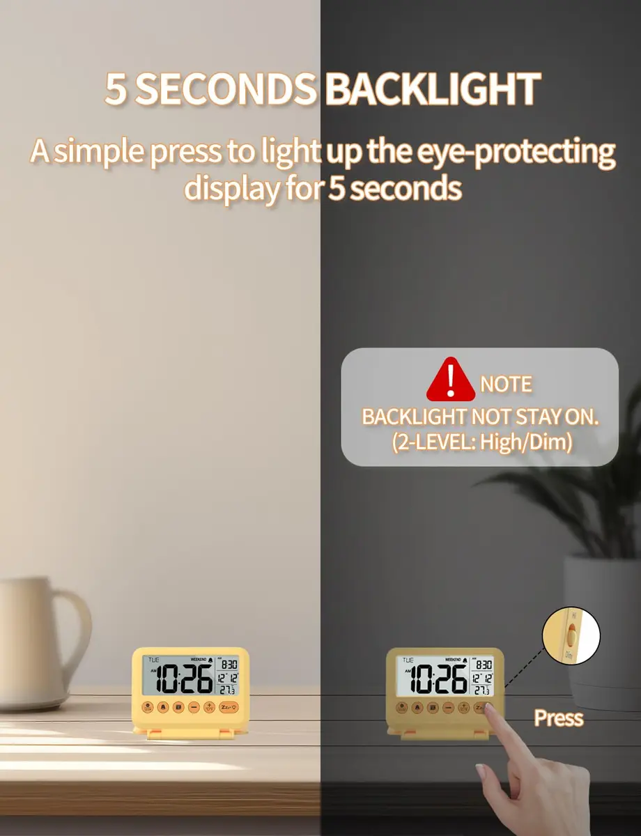 MeesMeek Yellow Digital Travel Alarm Clock 10.2cm (4 inch) | Battery Operated with Snooze & Backlight - view 4