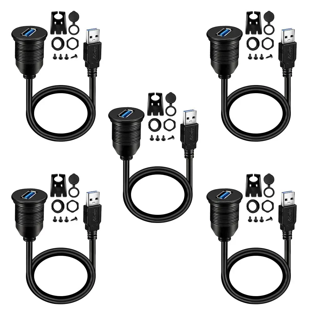 BATIGE 5 Pack Single Port USB 3.0 Car Mount Flush Cable 1ft | Waterproof Extension - main product image