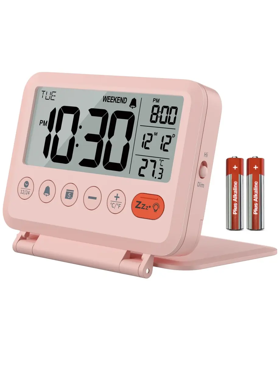 MeesMeek Digital Travel Alarm Clock - 3.54 inch LCD Display, 9-Minute Snooze, 2 Volume Levels, Backlight, Battery Included (Pink) - main product image