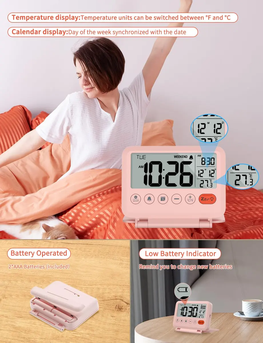 MeesMeek Digital Travel Alarm Clock - 3.54 inch LCD Display, 9-Minute Snooze, 2 Volume Levels, Backlight, Battery Included (Pink) - view 5