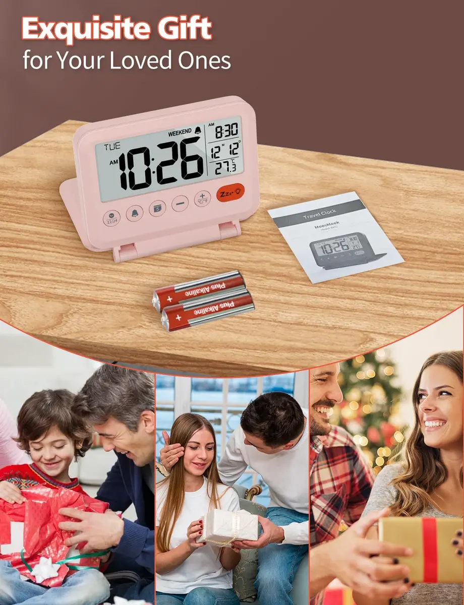 MeesMeek Digital Travel Alarm Clock - 3.54 inch LCD Display, 9-Minute Snooze, 2 Volume Levels, Backlight, Battery Included (Pink) - view 7