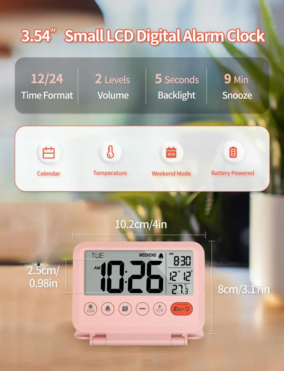 MeesMeek Digital Travel Alarm Clock - 3.54 inch LCD Display, 9-Minute Snooze, 2 Volume Levels, Backlight, Battery Included (Pink) - view 2