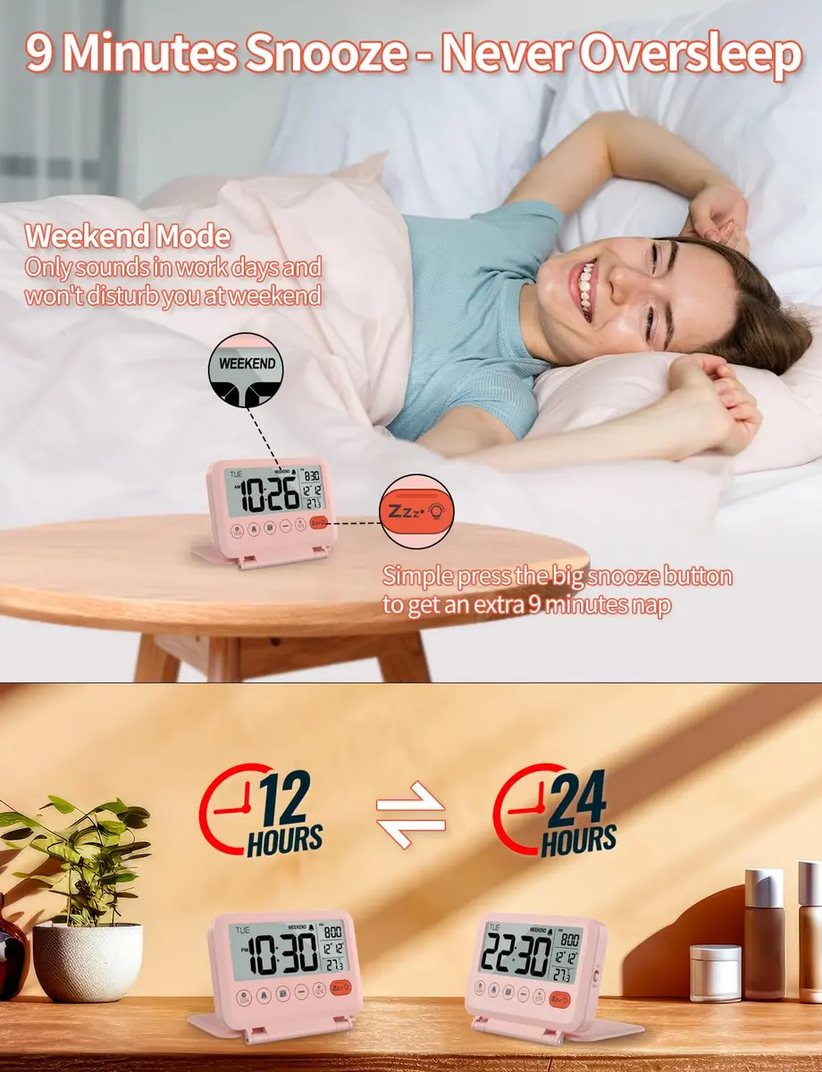 MeesMeek Digital Travel Alarm Clock - 3.54 inch LCD Display, 9-Minute Snooze, 2 Volume Levels, Backlight, Battery Included (Pink) - view 3
