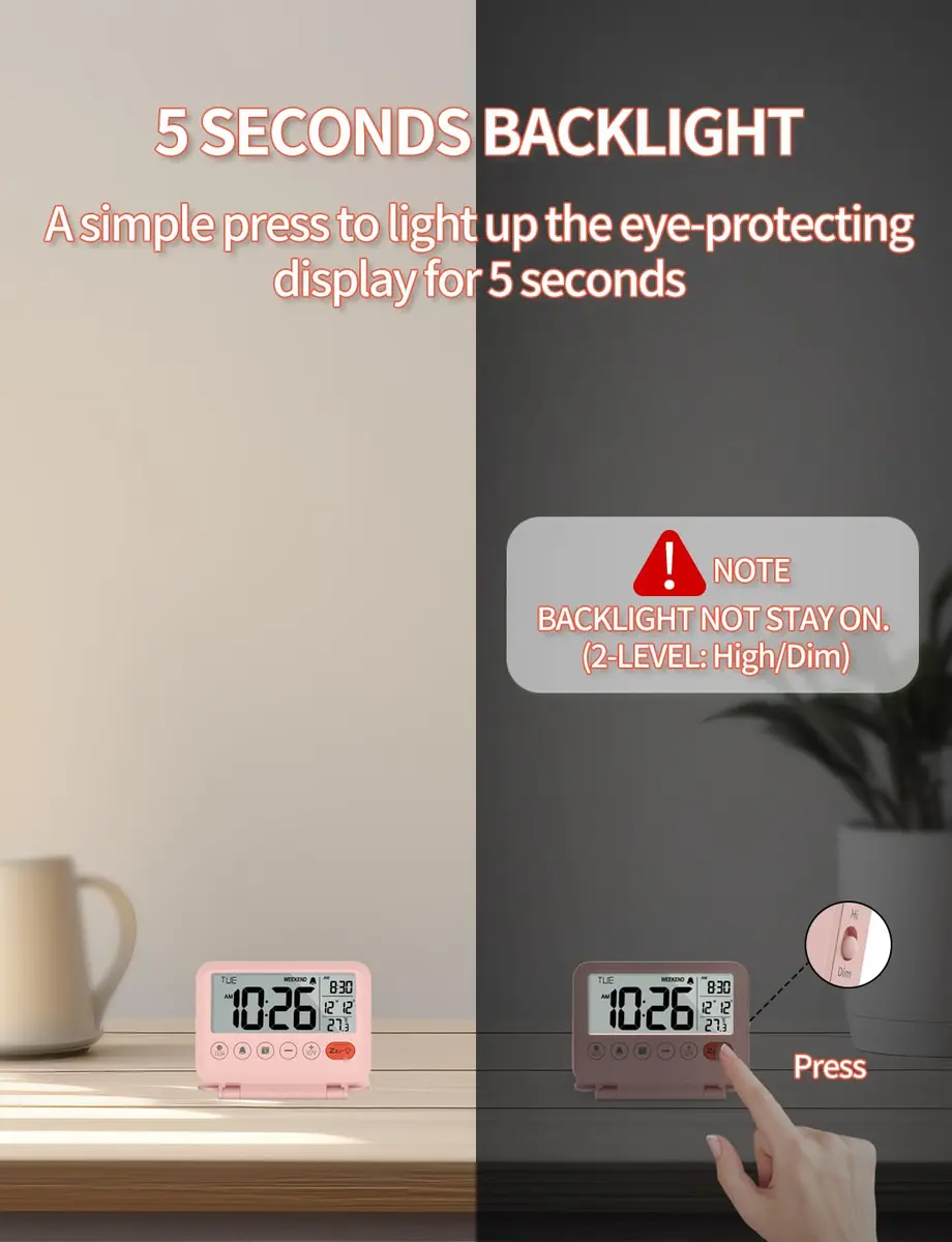 MeesMeek Digital Travel Alarm Clock - 3.54 inch LCD Display, 9-Minute Snooze, 2 Volume Levels, Backlight, Battery Included (Pink) - view 4