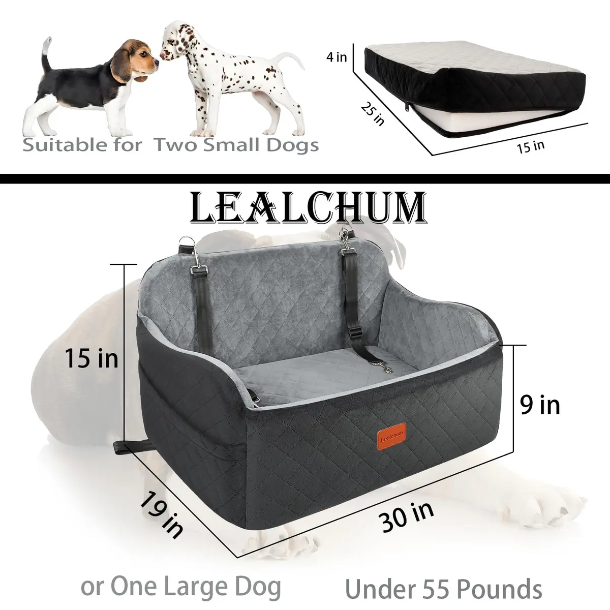 Lealchum Dog Car Seat Up to 25kg (55lb) | Adjustable Safety Leash & Washable Bed - view 2