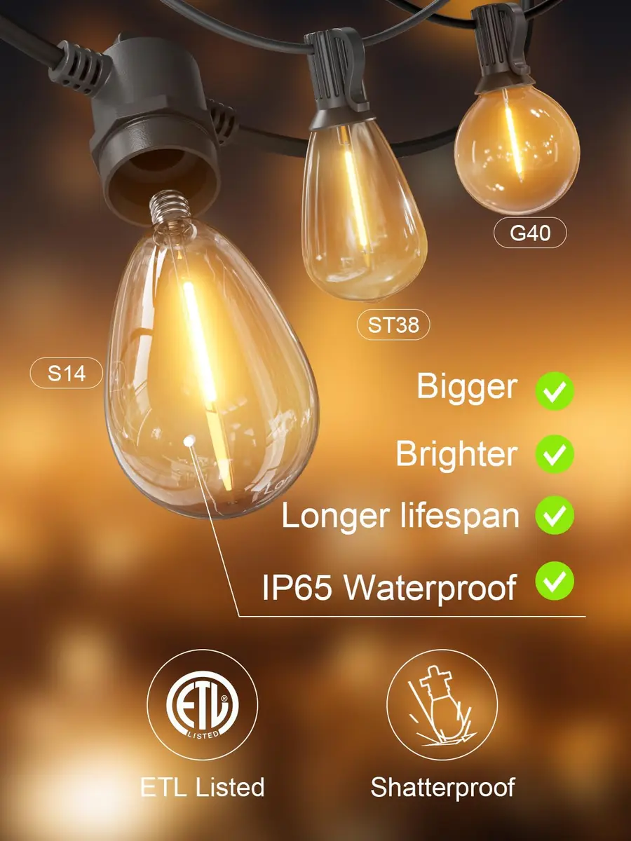Svater Outdoor String Lights LED 50 FT Waterproof IP65 | Shatterproof, Dimmable, Commercial Grade - view 6
