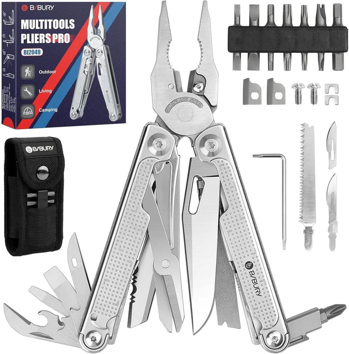 BIBURY Multitool Pliers Pro with 440A Knife & Full Size Scissors | 22-in-1 Professional Multi-Tool for Heavy-Duty Tasks - main product image