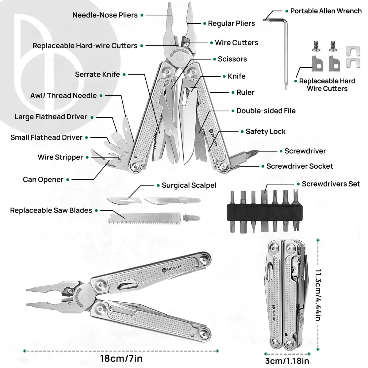 BIBURY Multitool Pliers Pro with 440A Knife & Full Size Scissors | 22-in-1 Professional Multi-Tool for Heavy-Duty Tasks - view 7