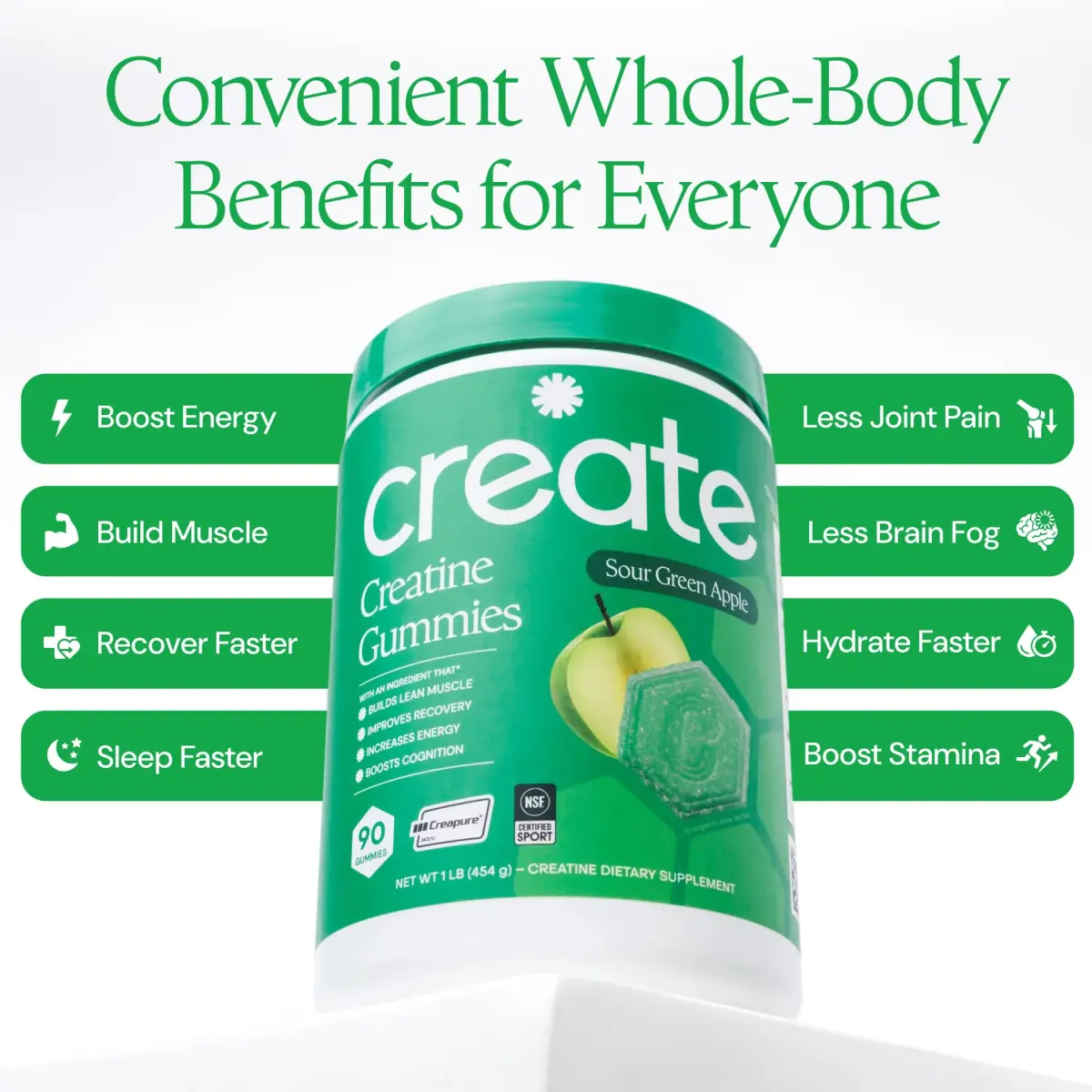 Create Creatine Monohydrate Gummies for Men & Women, Boost Focus, Strength, and Endurance, Anti-Melting Formula, Vegan, Gluten-Free, Non-GMO, 1.5g of Creatine per Gummy (Sour Green Apple) | 90 Count - view 4
