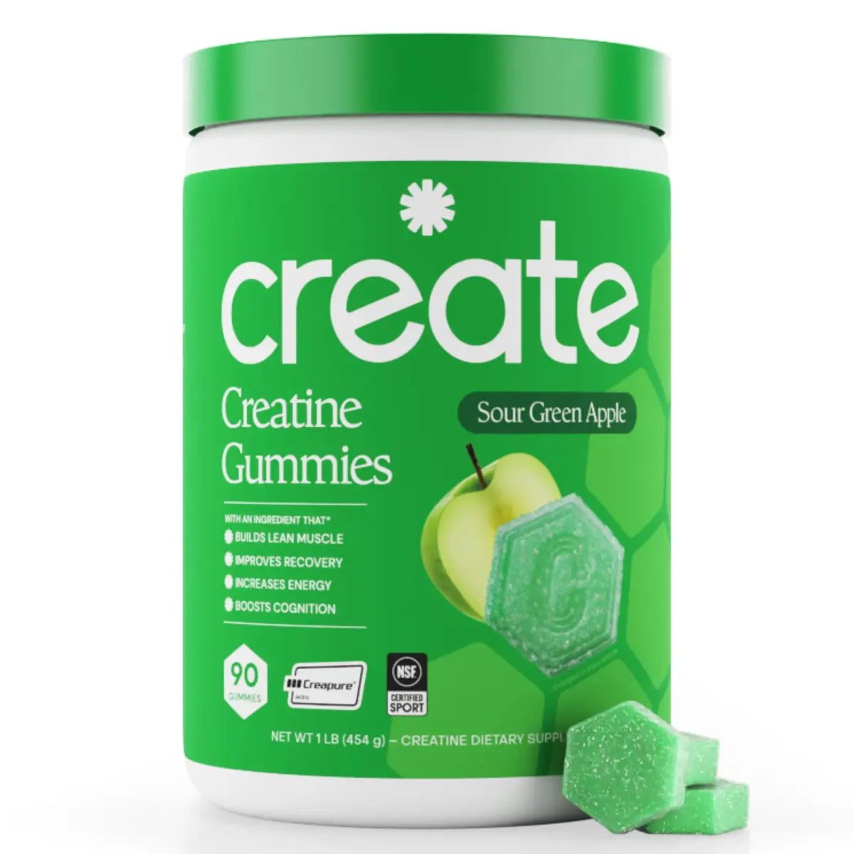 Create Creatine Monohydrate Gummies for Men & Women, Boost Focus, Strength, and Endurance, Anti-Melting Formula, Vegan, Gluten-Free, Non-GMO, 1.5g of Creatine per Gummy (Sour Green Apple) | 90 Count - main product image