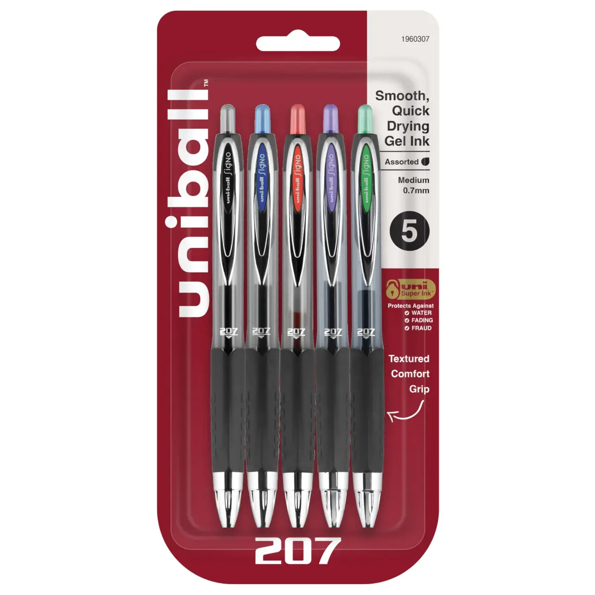 Uni-Ball 207 Retractable Gel Pens, 0.7mm Medium Point, Assorted Ink, 5/Pack | Smooth Ink Flow for Office & Students - main product image