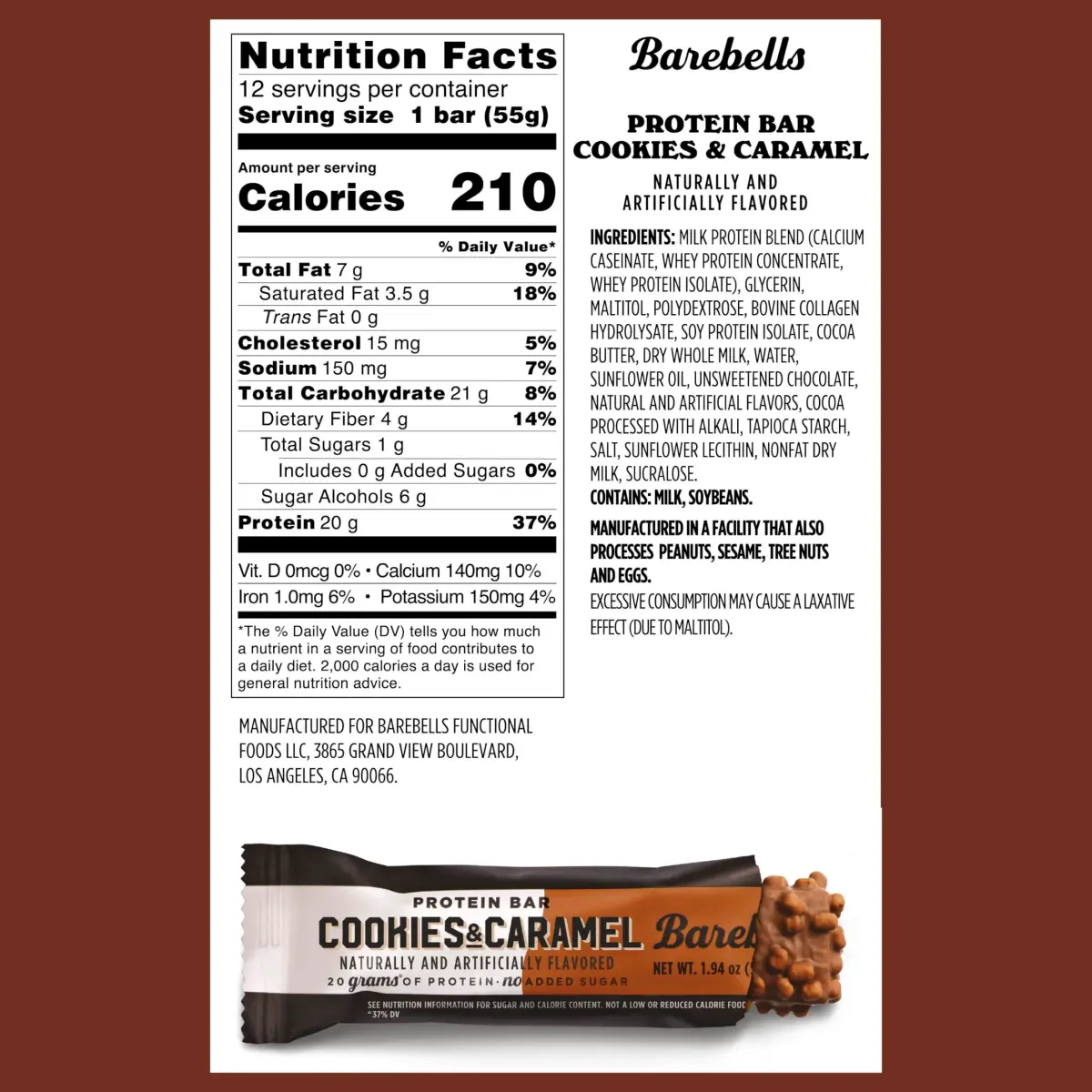 BAREBELLS Cookies and Caramel Protein Bars, 24 Bars (2x12) | 20g High Protein, 1g Sugar, USA Import - view 4