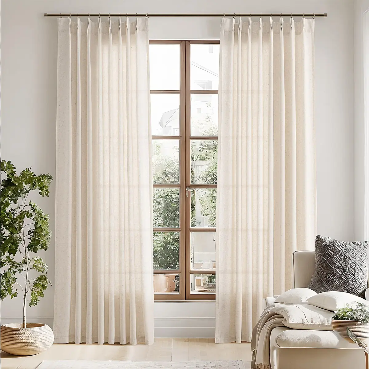 Joywell Pinch Pleated Linen Sheer Curtains 127cm x 213cm (50"W x 84"L) | Semi Light Filtering Elegant Drapes with Hooks - view 2