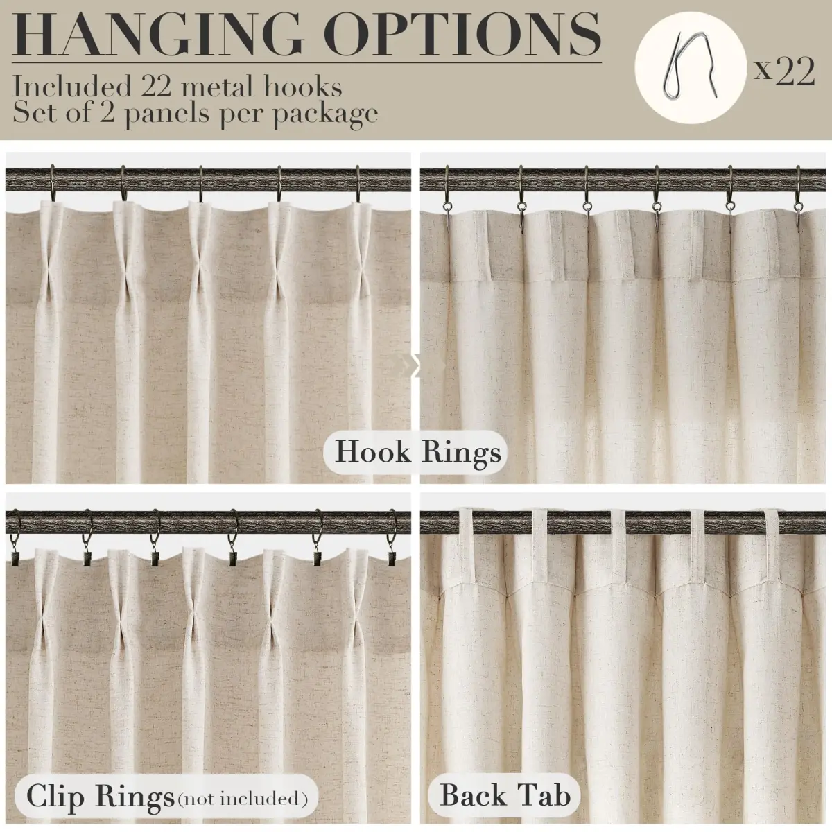 Joywell Pinch Pleated Linen Sheer Curtains 127cm x 213cm (50"W x 84"L) | Semi Light Filtering Elegant Drapes with Hooks - view 3