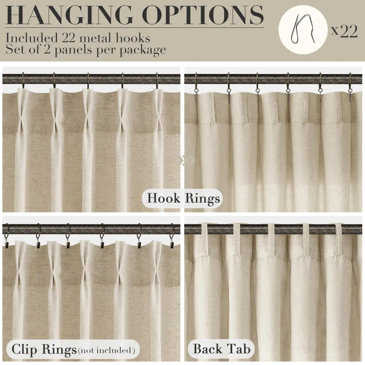 Joywell Linen Pinch Pleated Curtains 50"W x 90"L (Pack of 2) | Semi Sheer Light Filtering Drapes for Living Room - view 2