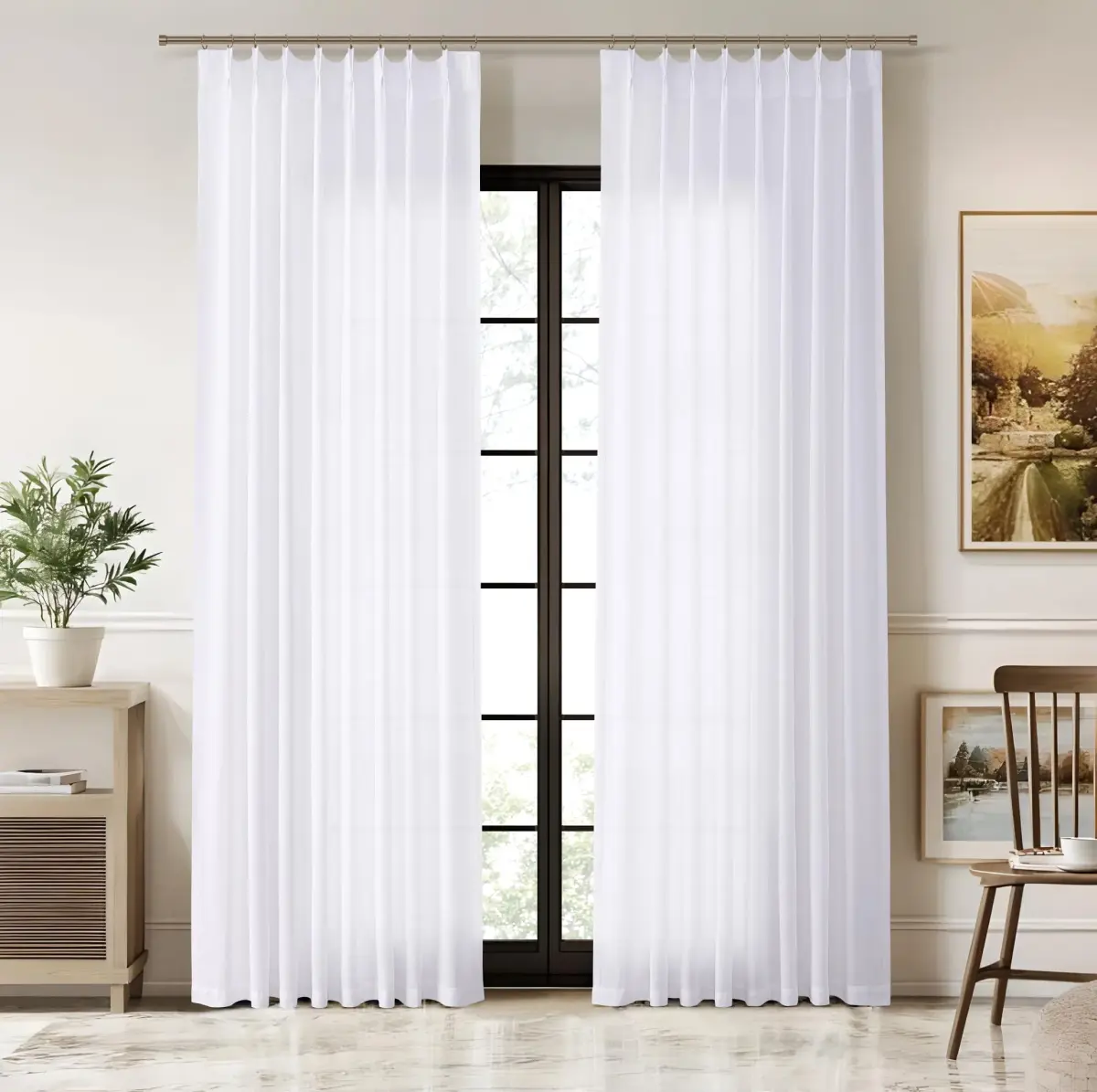 Joywell White Linen Pinch Pleated Curtains 259 cm (102 Inches) Long | Semi Sheer Light Filtering Drapes for Living Room - view 2