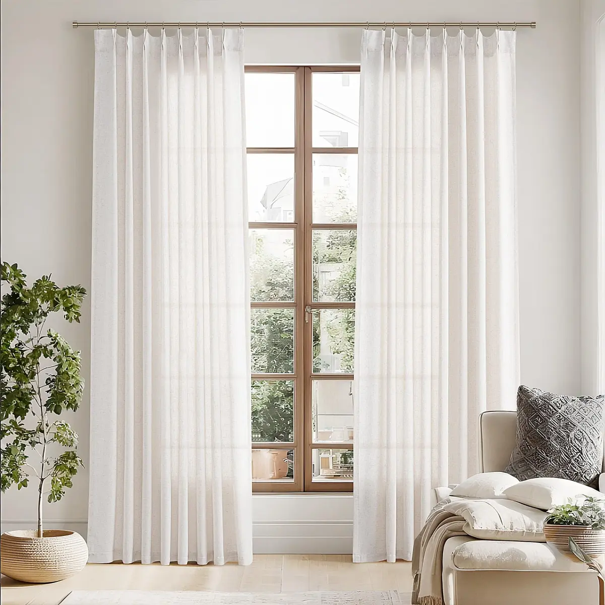 Joywell Extra Long Linen Pinch Pleated Curtains 108 Inches Natural Cream (2 Panels, 100cm x 274cm) - view 8