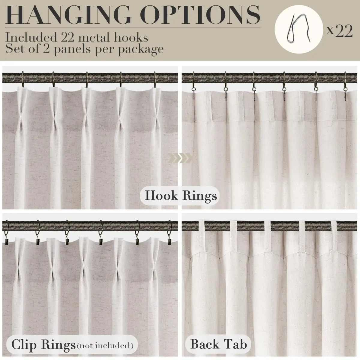 Joywell Extra Long Linen Pinch Pleated Curtains 108 Inches Natural Cream (2 Panels, 100cm x 274cm) - view 2