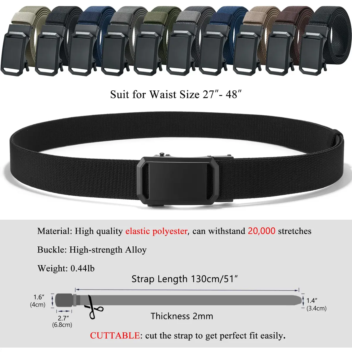 LionVII Men's Elastic Ratchet Belt Black 1.38" (3.5cm) | Trim to Fit 27-49" Waist - view 2