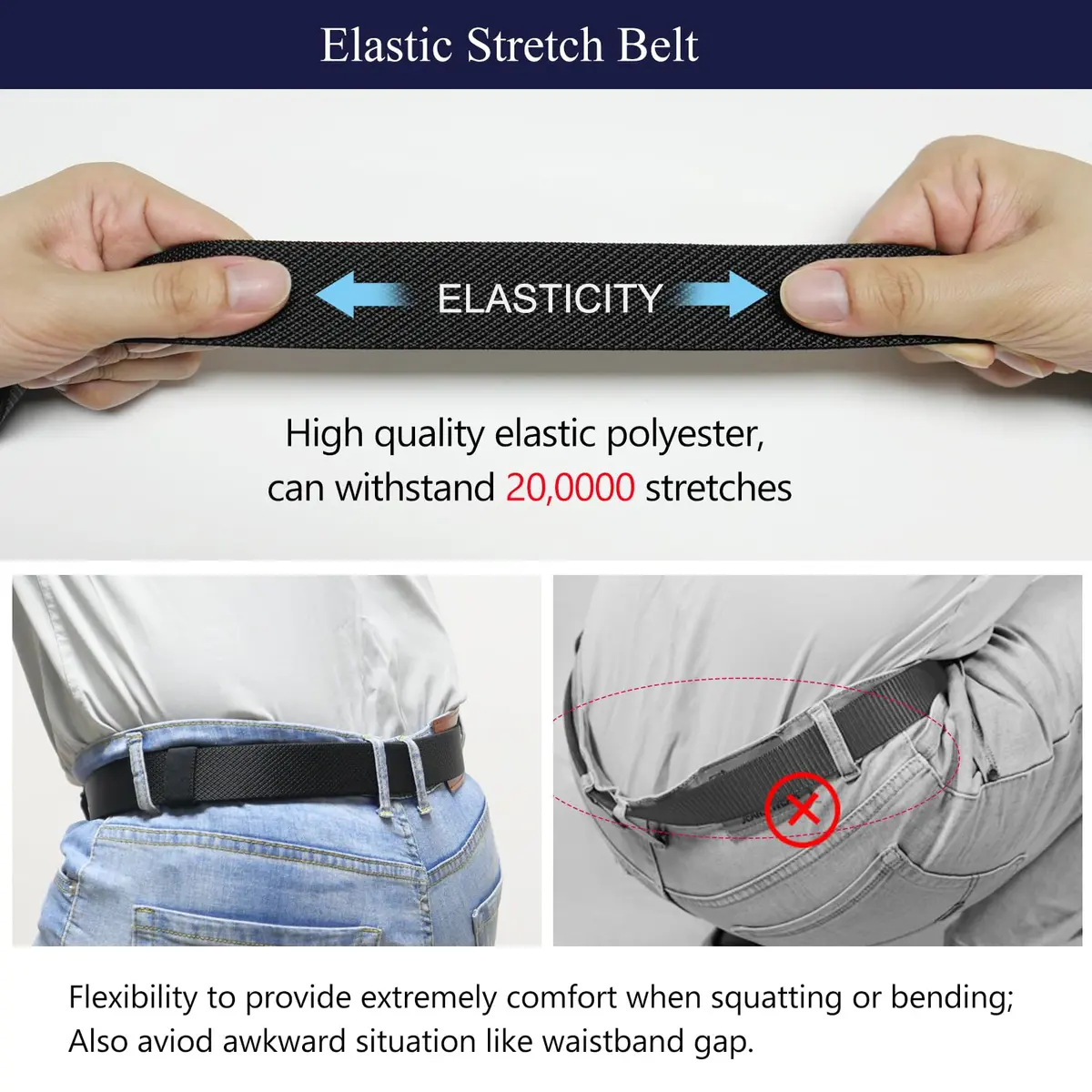 LionVII Men's Elastic Ratchet Belt Black 1.38" (3.5cm) | Trim to Fit 27-49" Waist - view 4