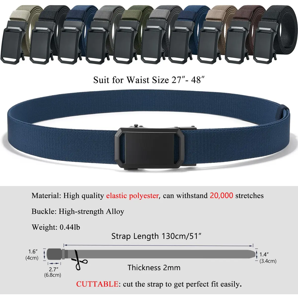 LionVII Men's Elastic Ratchet Belt 13.5cm (1 3/8") | Stretch Fit for 27-49" Waist - view 2