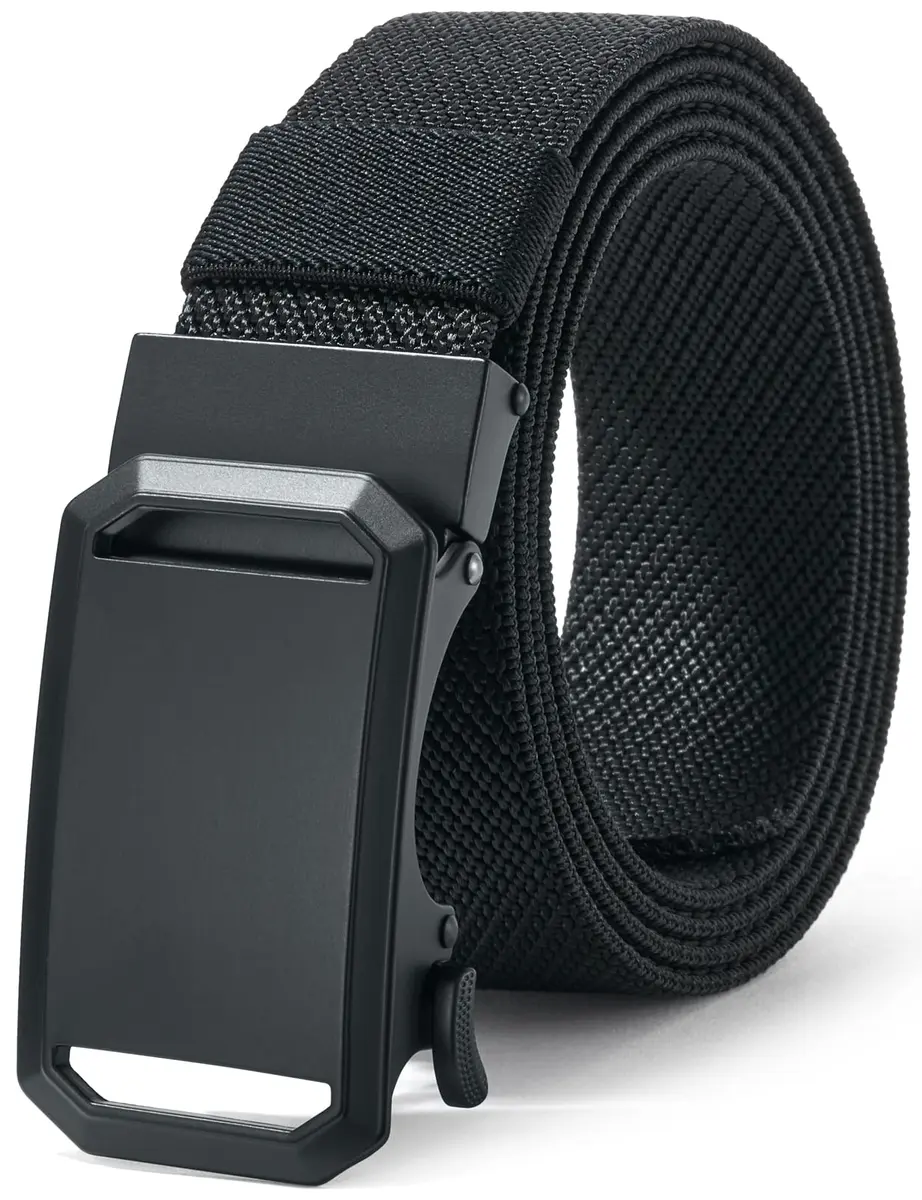 LionVII Stretch Belt for Men, Black Twill Weave Ratchet Belt with Alloy Buckle | Adjustable Fit for Waist Sizes 27-46 Inches - main product image