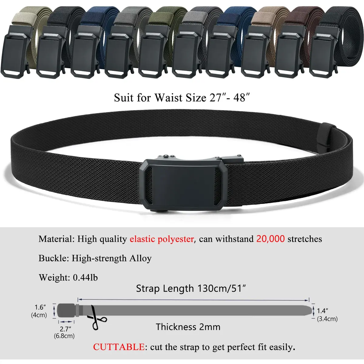 LionVII Stretch Belt for Men, Black Twill Weave Ratchet Belt with Alloy Buckle | Adjustable Fit for Waist Sizes 27-46 Inches - view 2
