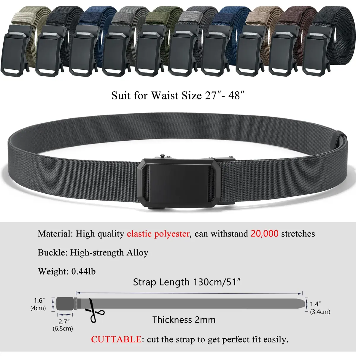 LionVII Men's Elastic Ratchet Belt 135cm (53") | Breathable Nylon Web Work Belt for Travel & Sports - view 3