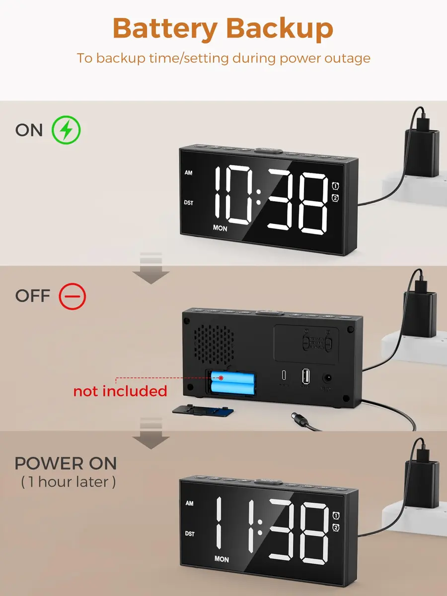 PPLEE Digital Alarm Clock for Bedroom with 2.2-Inch Bold Numbers, Dual Alarms - view 6