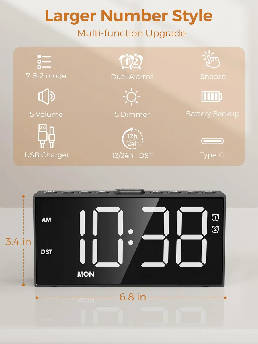 PPLEE Digital Alarm Clock for Bedroom with 2.2-Inch Bold Numbers, Dual Alarms - view 7