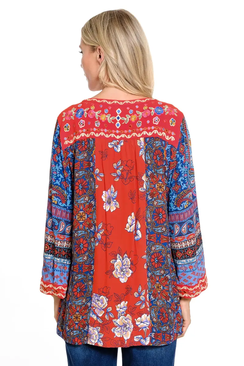 john mark Embroidered Tie Front Multi Print Tunic with Tassel Trim M | 3/4 Sleeve, Rayon, US Size M - view 2