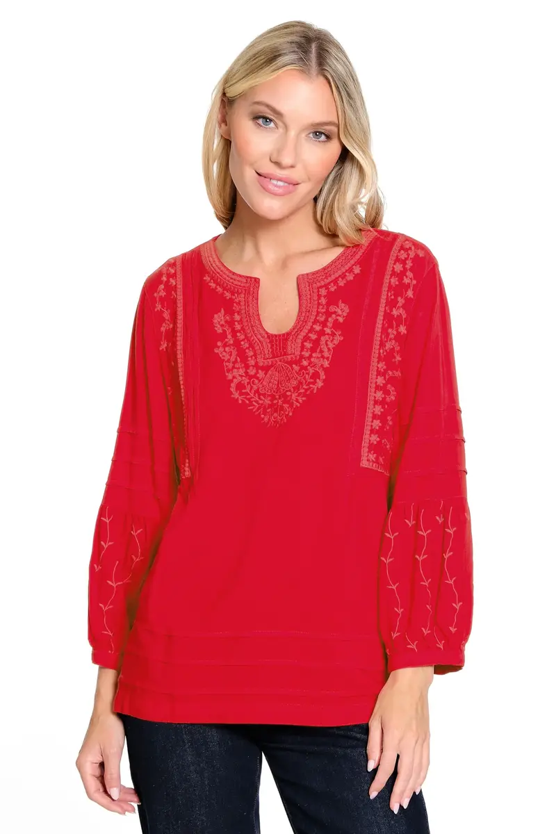 john mark Embroidered V-Neck Tunic with Embroidered Sleeves | Elegant & Comfortable in US Size M - main product image