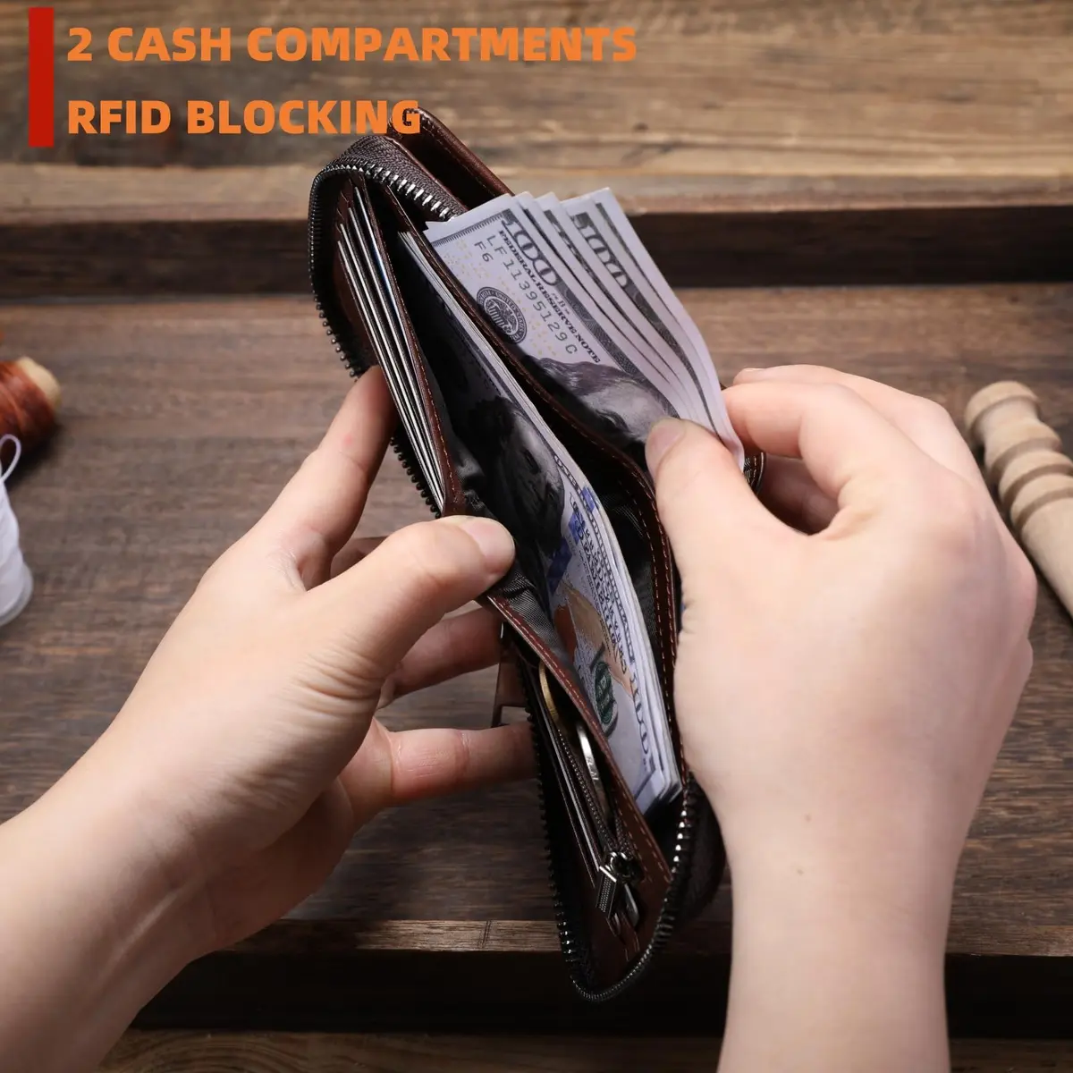 BULLCAPTAIN Genuine Leather Men's RFID Blocking Bifold Wallet T23 Coffee | 14 Card Slots, Zipper Coin Pocket, USA Import - view 5