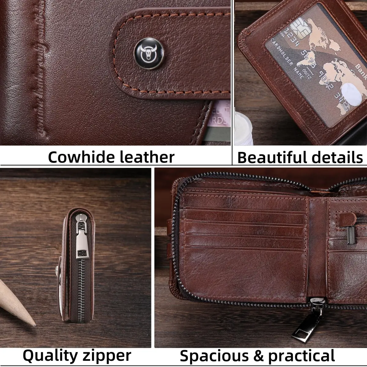 BULLCAPTAIN Genuine Leather Men's RFID Blocking Bifold Wallet T23 Coffee | 14 Card Slots, Zipper Coin Pocket, USA Import - view 6
